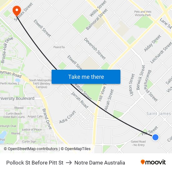 Pollock St Before Pitt St to Notre Dame Australia map