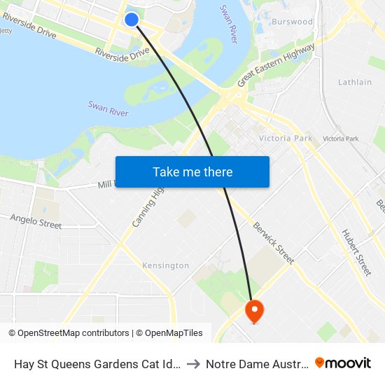 Hay St Queens Gardens Cat Id 143 to Notre Dame Australia map