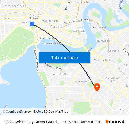 Havelock St Hay Street Cat Id 144 to Notre Dame Australia map