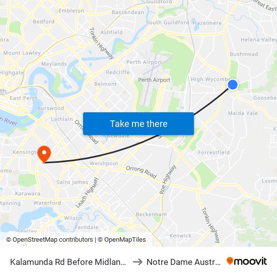 Kalamunda Rd Before Midland Rd to Notre Dame Australia map