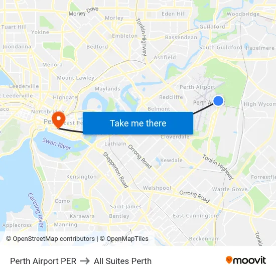 Perth Airport PER to All Suites Perth map