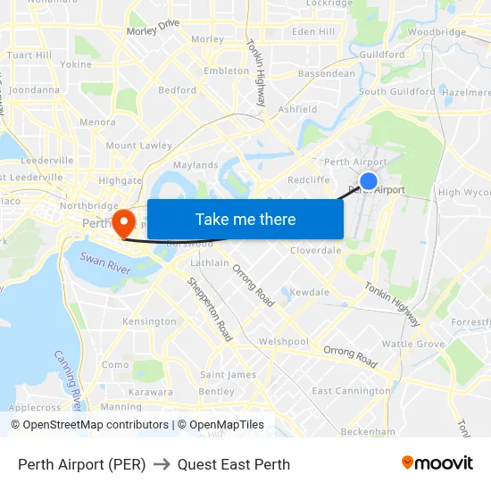 Perth Airport (PER) to Quest East Perth map