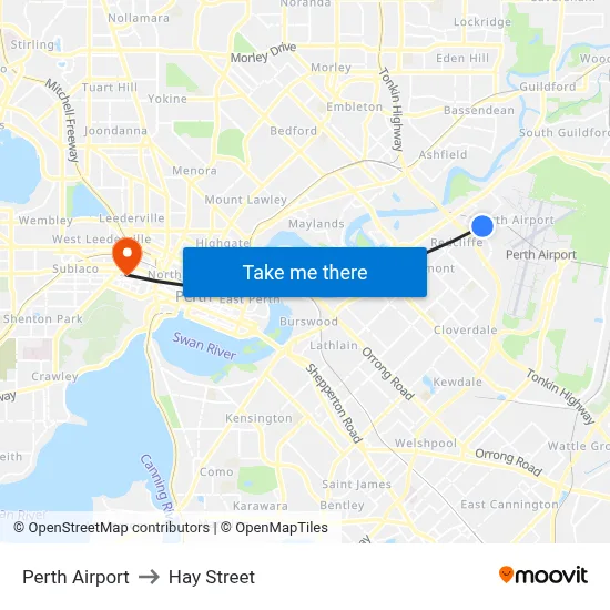 Perth Airport to Hay Street map
