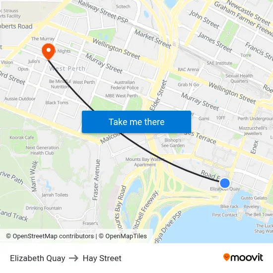 Elizabeth Quay to Hay Street map