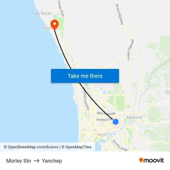 Morley Stn to Yanchep map