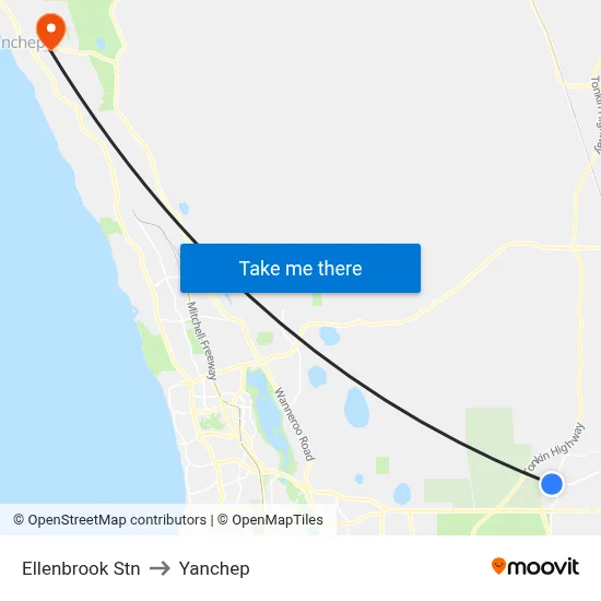 Ellenbrook Stn to Yanchep map