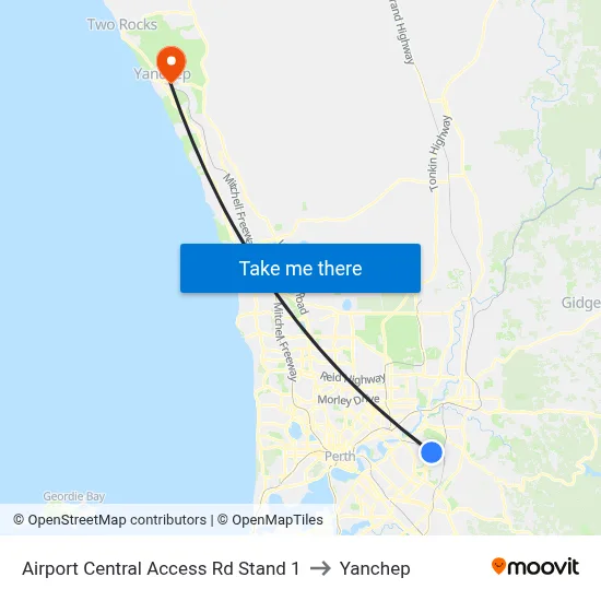 Airport Central Access Rd Stand 1 to Yanchep map