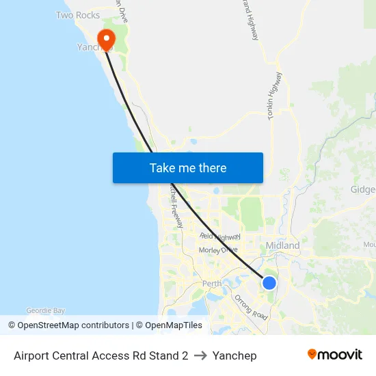 Airport Central Access Rd Stand 2 to Yanchep map