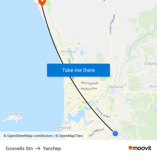 Gosnells Stn to Yanchep map