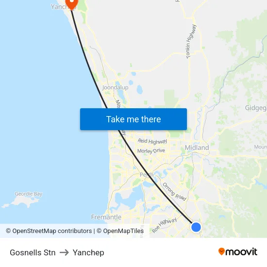 Gosnells Stn to Yanchep map