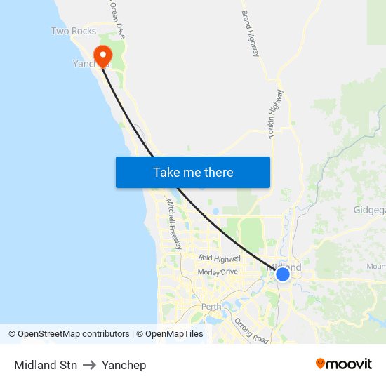 Midland Stn to Yanchep map