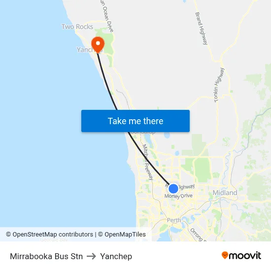 Mirrabooka Bus Stn to Yanchep map