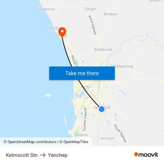 Kelmscott Stn to Yanchep map