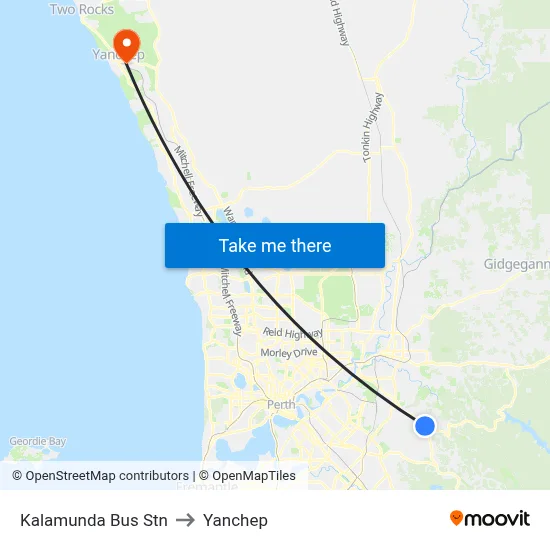 Kalamunda Bus Stn to Yanchep map