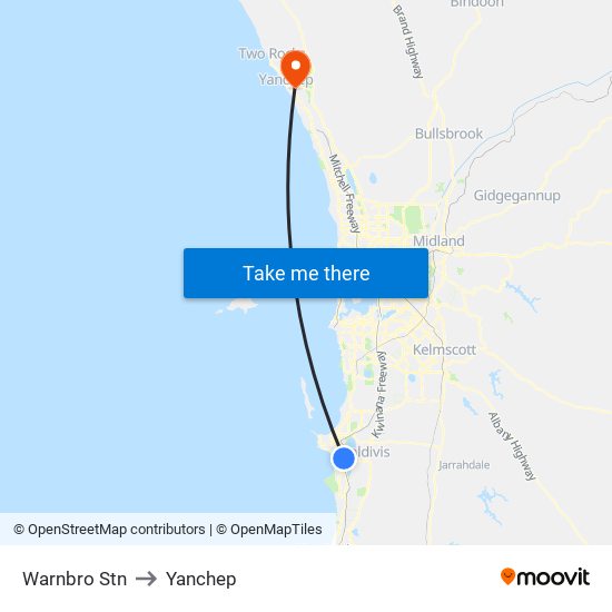 Warnbro Stn to Yanchep map