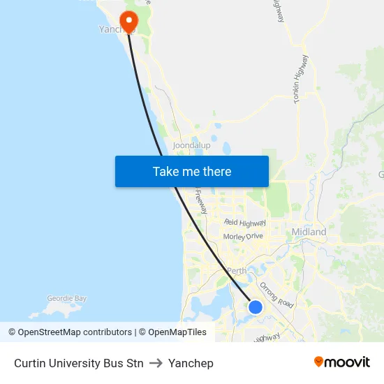 Curtin University Bus Stn to Yanchep map