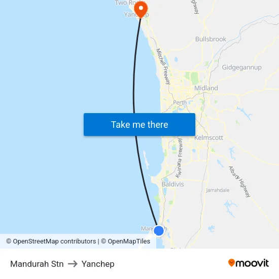 Mandurah Stn to Yanchep map