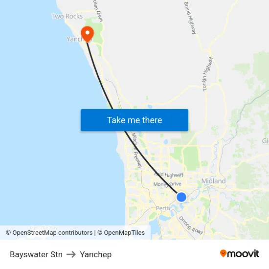 Bayswater Stn to Yanchep map