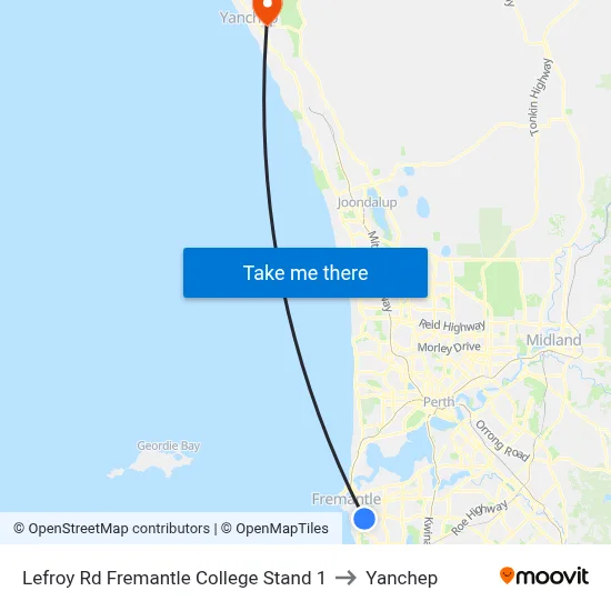 Lefroy Rd Fremantle College Stand 1 to Yanchep map