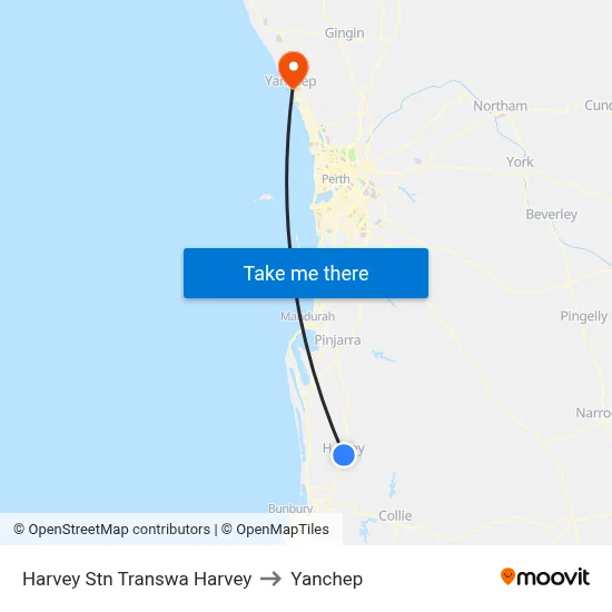 Harvey Stn Transwa Harvey to Yanchep map