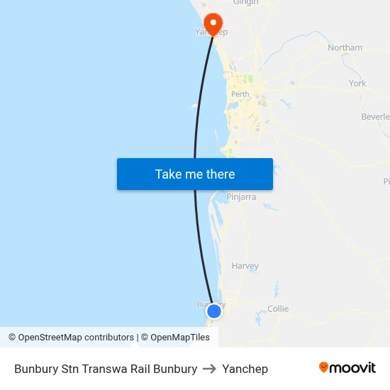 Bunbury Stn Transwa Rail Bunbury to Yanchep map