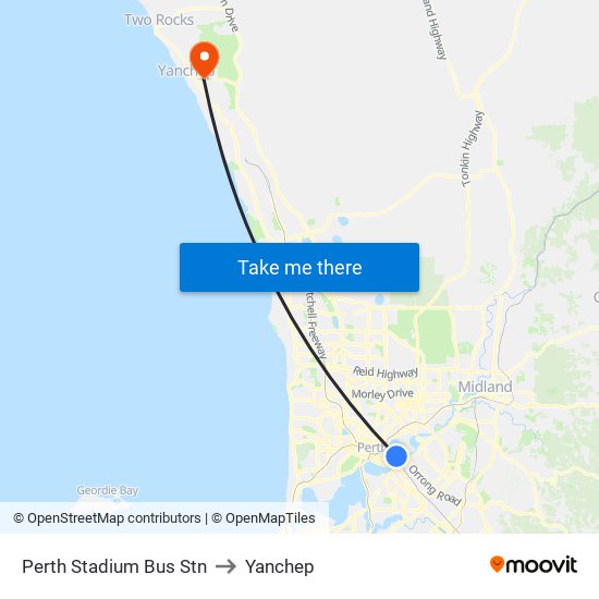 Perth Stadium Bus Stn to Yanchep map