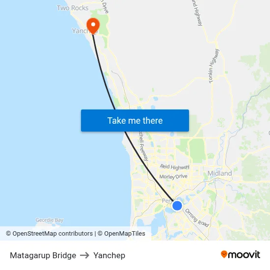 Matagarup Bridge to Yanchep map