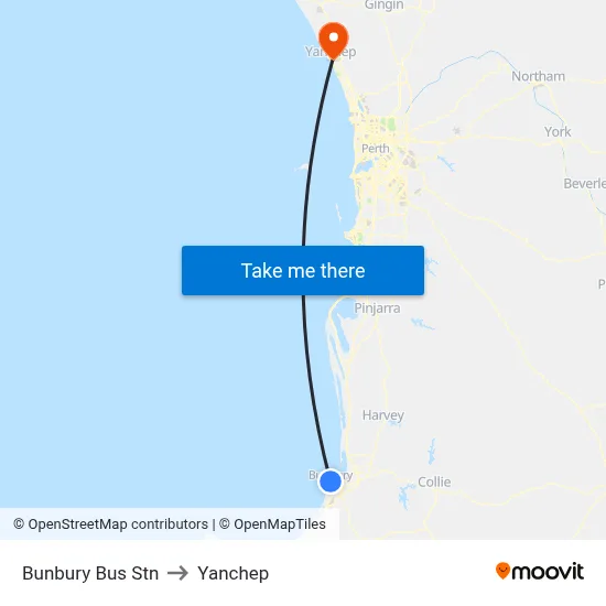 Bunbury Bus Stn to Yanchep map