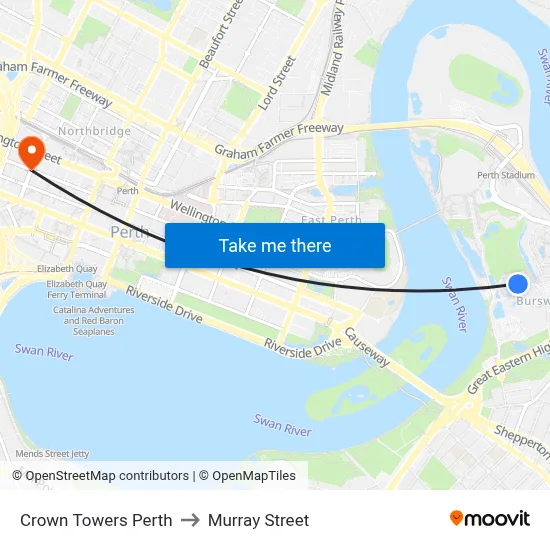 Crown Towers Perth to Murray Street map