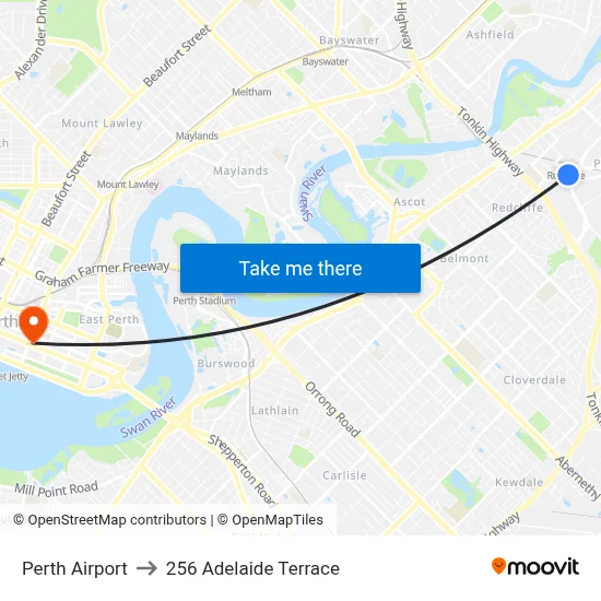 Perth Airport to 256 Adelaide Terrace map