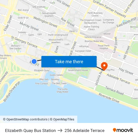 Elizabeth Quay Bus Station to 256 Adelaide Terrace map