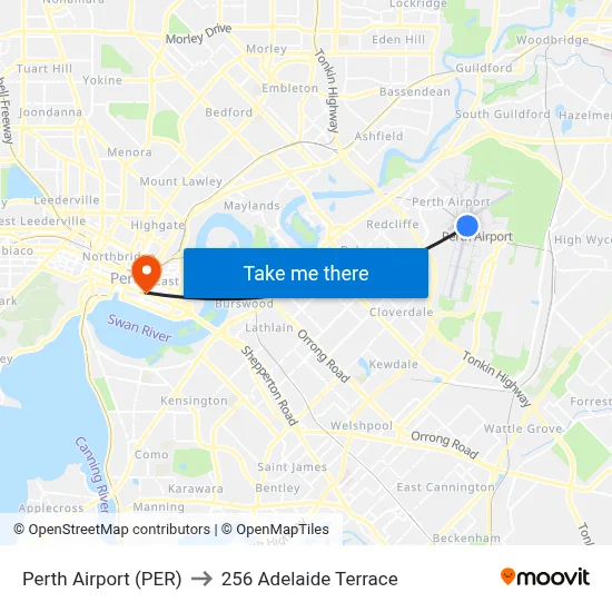 Perth Airport (PER) to 256 Adelaide Terrace map