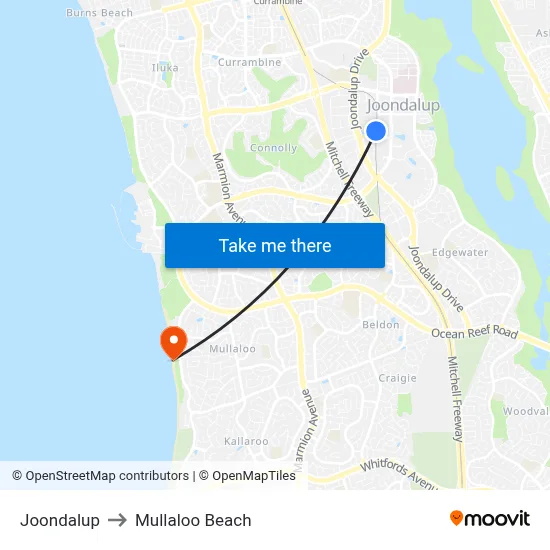 Joondalup to Mullaloo Beach map