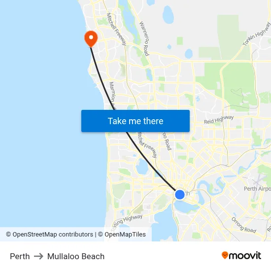 Perth to Mullaloo Beach map