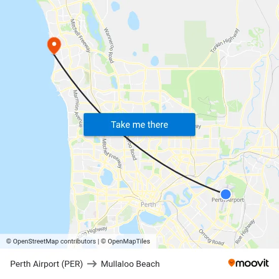 Perth Airport (PER) to Mullaloo Beach map