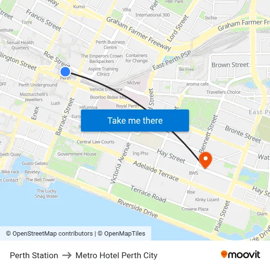 Perth Station to Metro Hotel Perth City map