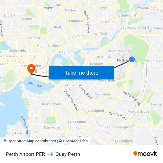 Perth Airport PER to Quay Perth map