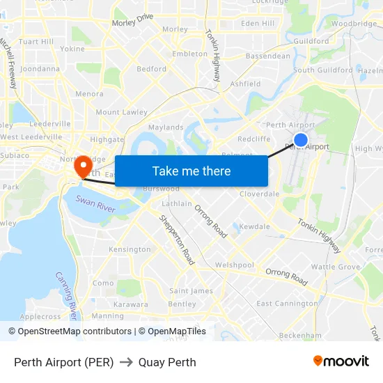 Perth Airport (PER) to Quay Perth map