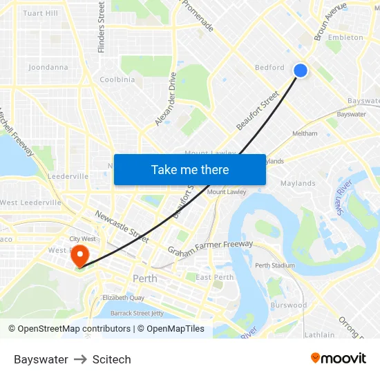 Bayswater to Scitech map