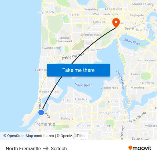 North Fremantle to Scitech map