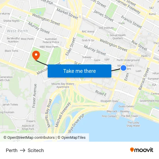 Perth to Scitech map