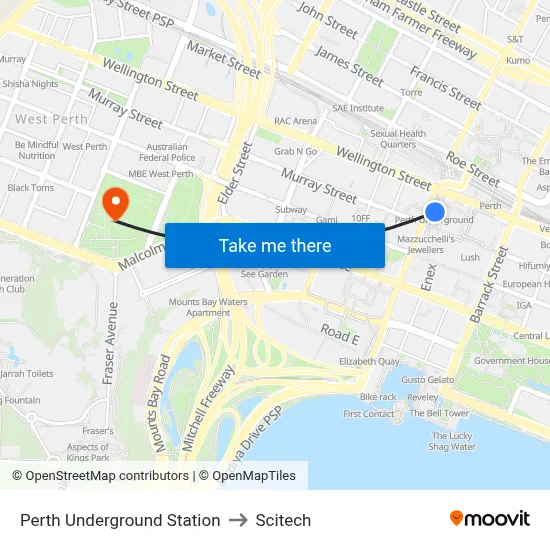 Perth Underground Station to Scitech map