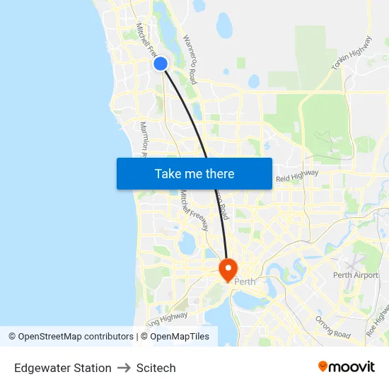 Edgewater Station to Scitech map