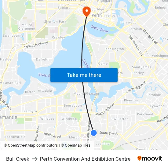Bull Creek to Perth Convention And Exhibition Centre map