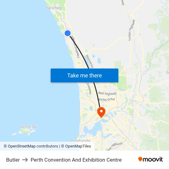 Butler to Perth Convention And Exhibition Centre map