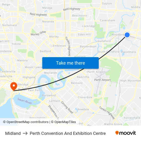 Midland to Perth Convention And Exhibition Centre map