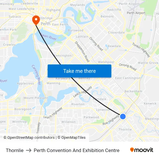 Thornlie to Perth Convention And Exhibition Centre map