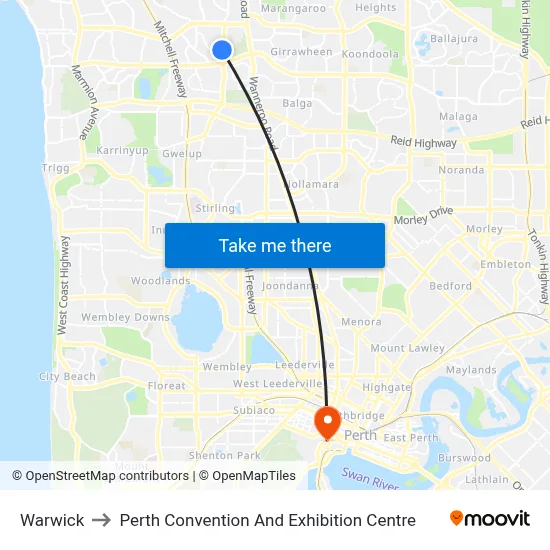 Warwick to Perth Convention And Exhibition Centre map