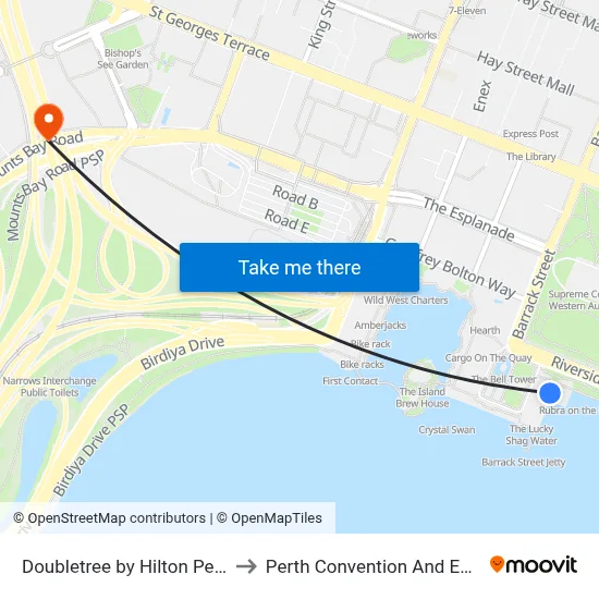 Doubletree by Hilton Perth Waterfront to Perth Convention And Exhibition Centre map
