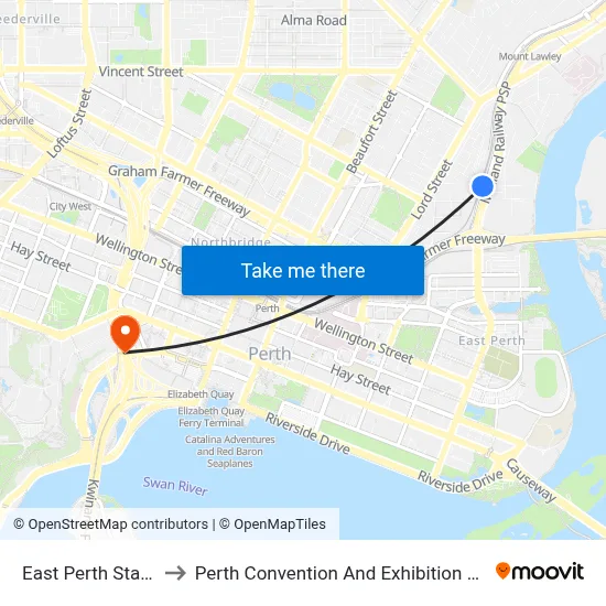 East Perth Station to Perth Convention And Exhibition Centre map